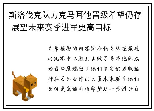 斯洛伐克队力克马耳他晋级希望仍存 展望未来赛季进军更高目标
